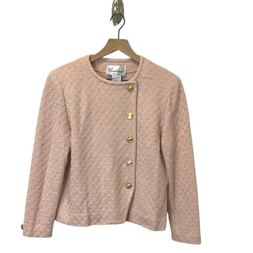 Castlebrook‎ Tweed Jacket Cardigan Sz 14P Pink Textured Gold Button Vintage Chic